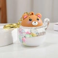 Cute brown bear head unicorn oil liquid keychain with colorful beads in a cat bottle - White Lucky Bear