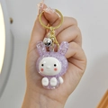 Cute purple luminous resin bunny keychain with golden ring and silver bell accessory - Purple