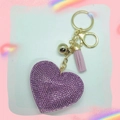 Purple heart rhinestone keychain with leather tassel and gold ring charm - Purple