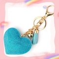 Blue rhinestone heart keychain with light blue tassel and golden bell hardware - Blue