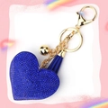 Dark blue heart-shaped rhinestone keychain with tassel and golden metallic ring - Royal Blue