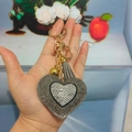 Gray heart rhinestone leather keychain with golden bell and fringe tassel detail - Gray Heart with White Rhinestone