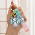 Colorful gradient acrylic cat keychain with pink ice cream and blue rubber strap - Gradient Strap + Cat Holding Ice Cream + Bell / Blue