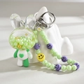 Cute bunny liquid oil keychain with green pearls, lucky text and heart detail - Chain Style / Green