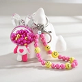 Pink bunny liquid acrylic keychain with pearls, lucky charm, and heart pattern - Chain Style / Rose Red