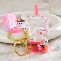 Pink liquid acrylic rabbit keychain with cherry blossom elements and sakura wrist strap - Pink Rabbit Round Lid Milk Tea Cup / Pink