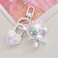 Iridescent white bear and heart lock charm with D-ring clasp for DIY keychains - D-Buckle+Color Ring+Heart Lock+Bear / Iridescent White