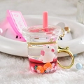 Pink bunny milk tea acrylic liquid keychain with floating glitters and rabbit charm - Pink Rabbit Milk Tea Cup / Pink