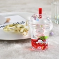 Pink bunny liquid acrylic keychain with heart pearl charms and milk tea cup design - Red Rabbit Round Lid Milk Tea Cup / Red