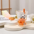 Creative panda floating liquid sand keychain with orange bubble tea cup and hand strap - Milk Tea Cup Strap Style / Orange