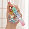 Blue liquid whale keychain with floating glitter, golden bell and Bubble silicone strap - Rope Style with Figure [Blue]