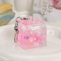 Porte-clés créatif en acrylique carré avec sable mouvant rose et fleurs sur une assiette - Fermoir Homard + Cube Lumineux / Rose