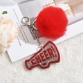 Porte-clés de pom-pom girl rouge avec pompon en fourrure et pendentif mégaphone strass - Rouge
