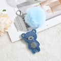 Cute light blue rhinestone bear keychain with fluffy pom pom and silver clasp decoration - Blue