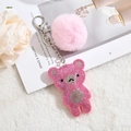 Sparkly pink rhinestone bear keychain with a fluffy fur ball and silver metal clasp - Pink