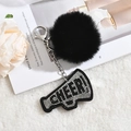 Porte-clés mégaphone CHEER avec pompon en fourrure noire et strass blancs étincelants - Bord Noir