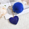 Navy blue heart rhinestone keychain with large fluffy faux fur pompom and gold chain - Royal Blue