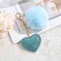 Blue faux fur pompom keychain with sparkling rhinestone heart charm and golden clip - Sky Blue