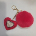 Sparkling red heart keychain with rhinestone detail and soft faux fur pompom charm - Red Heart with White Rhinestone