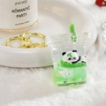 Cute panda floating liquid keychain with green sand and miniature milk tea cup pendant - Single Hook Milk Tea Cup / Green