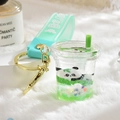 Cute panda liquid quicksand keychain in mint green cup with silicone strap and star glitters - Milk Tea Cup Strap Style / Green