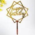 Pack of 10 golden acrylic Happy Birthday cake toppers with mirror finish geometric frame - Double Square Style (No. 48) / 10 Pieces Pack / Gold