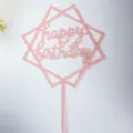 Pink acrylic Happy Birthday cake topper set of 10 featuring a geometric diamond frame - Double Square Style (No. 48) / 10 Pieces Pack / Pink