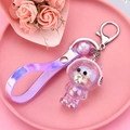 Mini aurora purple bear keychain with pink headphones and matching PVC wrist strap - Glowing Bear [purple]