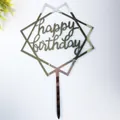 Silver mirror acrylic Happy Birthday cake topper in geometric diamond frame, pack of 10 - Double Square Style (No. 48) / 10 Pieces Pack / Silver