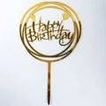 Pack of 10 golden mirror acrylic Happy Birthday cake toppers with double ring design - Double Round with Heart Style (No. 24) / 10 Pieces Pack / Gold