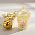 Creative bubble tea keychain with transparent yellow resin, gold bell, and flower pattern - Bell Style [Lemon Yellow]