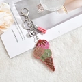Sparkling crystal ice cream keychain with pink leather tassel and silver bell accessory - Keychain + Rhinestone Pendant / Ice Cream