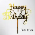 Set of 10 golden mirror acrylic Happy Birthday cake toppers with elegant script - HB-27 Style / 10 Pieces Pack / Gold