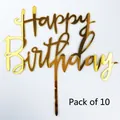 Pack of 10 golden acrylic Happy Birthday cake toppers with a reflective mirror finish - HB-108 Style / 10 Pieces Pack / Gold
