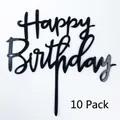 Pack of 10 black acrylic Happy Birthday cake toppers for party decorations - HB-108 Style / 10 Pieces Pack / Black