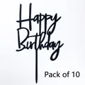 Set of 10 black acrylic Happy Birthday cake toppers with elegant script lettering - HB-31 Style / 10 Pieces Pack / Black