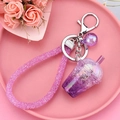 Mini glowing bunny keychain with purple glitter milk tea cup and sparkling pink strap - Milk Tea Cup With Rope Design [purple]