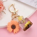 Detail view of sunflower pendant with mini glass bottle and golden moon keychain clasp - Moon Buckle+Bottle+Flower / Brown