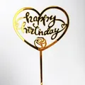 Golden acrylic heart-shaped Happy Birthday cake topper with flower design, 10 pack - Rose Heart Style / 10 Pieces Pack / Gold