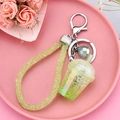 Mini green milk tea cup keychain with yellow glitter wristlet and silver carabiner - Milk Tea Cup With Rope Design [green]