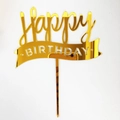 Golden mirror acrylic Happy Birthday cake topper with elegant script for parties - No. 67 Ribbon Style (67) / 10 Pieces Pack / Gold