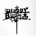 Glossy black acrylic Happy Birthday To You cake topper with stars and polished finish - HB-6 Style (HB-6) / 10 Pieces Pack / Black
