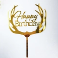 Golden acrylic deer antler Happy Birthday cake topper with reflective mirror finish - No. 54 Antler Style / 10 Pieces Pack / Gold