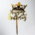 Golden mirror acrylic Happy Birthday cake topper with elegant crown design detail - No. 168 Crown Style / 10 Pieces Pack / Gold