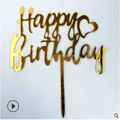 Mirror gold acrylic Happy Birthday cake topper with a heart design and single stem - HB-36 Style / 10 Pieces Pack / Gold