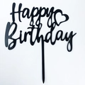 Elegant black acrylic Happy Birthday cake topper with heart design and pointed stem - HB-36 Style / 10 Pieces Pack / Black