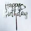 Mirror silver acrylic Happy Birthday cake topper with heart design and pointed pick - HB-36 Style / 10 Pieces Pack / Silver