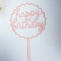 Pink acrylic Happy Birthday cake topper with elegant script font and wavy circular frame - Single Round No. 21 Wave Edge Style / 10 Pieces Pack / Pink