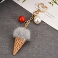 Detail of ice cream keychain with mink fur ball, heart hook, red bell and pearl - Heart Clasp (Gray) / Gray