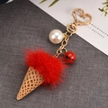 Porte-clés crème glacée avec pompon rouge, mousqueton cœur doré et perle élégante - Fermoir Cœur (Rouge) / Rouge